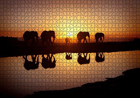 Cakapuzzle Günbatımında Nehir Kenarındaki Fil Ailesi Puzzle Yapboz MDF Ahşap