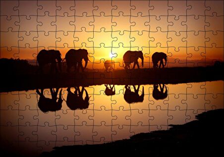 Cakapuzzle Günbatımında Nehir Kenarındaki Fil Ailesi Puzzle Yapboz MDF Ahşap