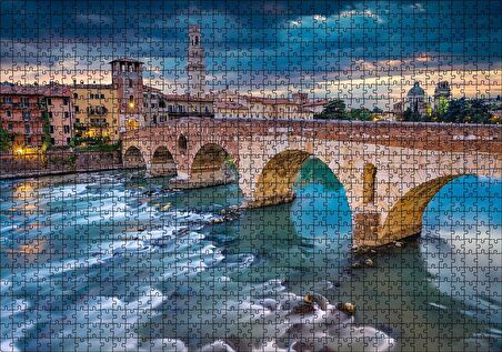 Cakapuzzle İtalya Verona Ponte Pietra Köprüsü ve Mor Gökler Puzzle Yapboz MDF Ahşap