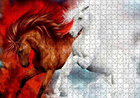 Cakapuzzle Kahverengi At Kızıl Zemin Beyaz At Beyaz Zemin Puzzle Yapboz MDF Ahşap