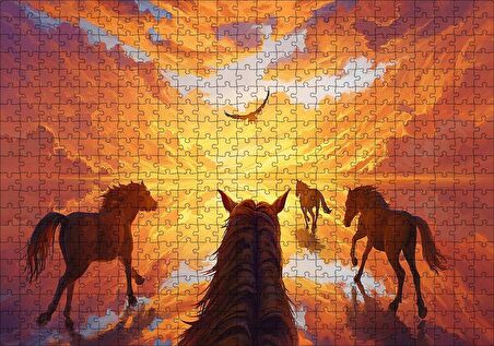 Cakapuzzle Kızıl Bulutlu Gökler Sudaki Aksi ve Koşan Atlar Puzzle Yapboz MDF Ahşap