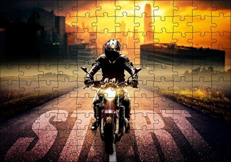 Cakapuzzle Motorsikletli Adam Günbatımı ve Gökdelenler Puzzle Yapboz MDF Ahşap
