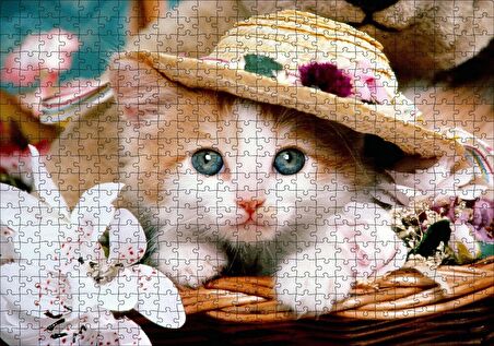 Cakapuzzle Sepette Şapkalı Yavru Kedi ve Çiçekler Puzzle Yapboz MDF Ahşap