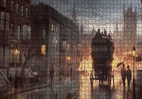 Cakapuzzle Yağmurlu Akşamda Sokakta Arabalar ve İnsanlar Puzzle Yapboz MDF Ahşap