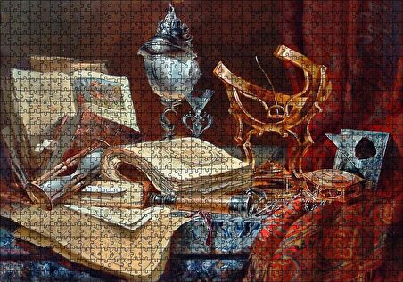 Cakapuzzle Eski Kitaplar Kum Saati Dürbün ve Usturlab Puzzle Yapboz MDF Ahşap