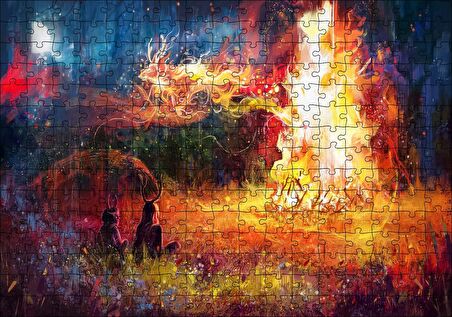 Cakapuzzle Gece Ormanda Kamp Ateşi ve Yüksek Alevler Puzzle Yapboz MDF Ahşap