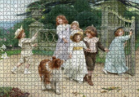 Cakapuzzle Bahçe Kapısı Önünde Çocuklar ve Köpekleri Puzzle Yapboz MDF Ahşap