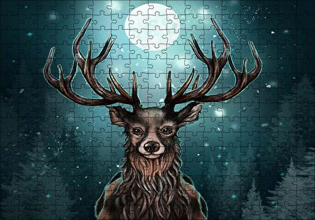 Cakapuzzle Dolunay Işığı Altında Boynuzlu Ren Geyiği Puzzle Yapboz MDF Ahşap