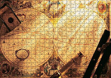 Cakapuzzle Eski Dünya Haritası Dürbün Pusula ve Usturlab Puzzle Yapboz MDF Ahşap