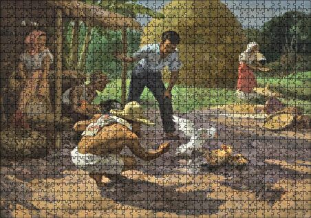 Cakapuzzle Horoz Dövüştüren Köylüler ve Saman Yığınları Puzzle Yapboz MDF Ahşap