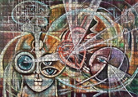 Cakapuzzle Kalp ve Yüzler Soyut Kompozisyon Puzzle Yapboz MDF Ahşap