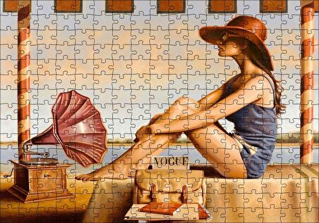 Cakapuzzle Lacivert Mayolu Kadın ve Gramofon Puzzle Yapboz MDF Ahşap