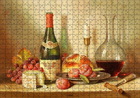 Cakapuzzle Şarap Peynir Ekmek ve Taze Meyveler Puzzle Yapboz MDF Ahşap