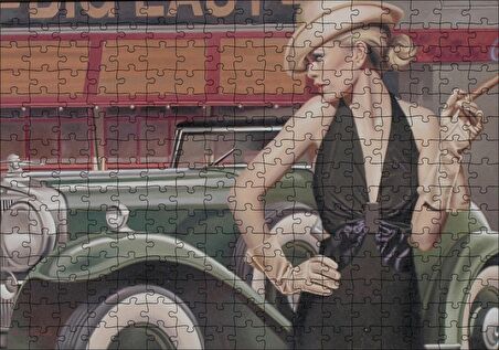 Cakapuzzle Yeşil Antika Araba ve Puro İçen Kadın Puzzle Yapboz MDF Ahşap
