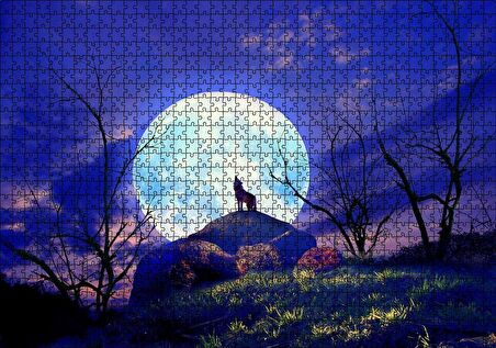 Cakapuzzle Çıplak Ağaçlar, Uluyan Kurt ve Süper Ay Puzzle Yapboz MDF Ahşap