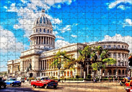 Cakapuzzle Küba'da Tarihi Bina ve Klasik Arabalar Puzzle Yapboz MDF Ahşap