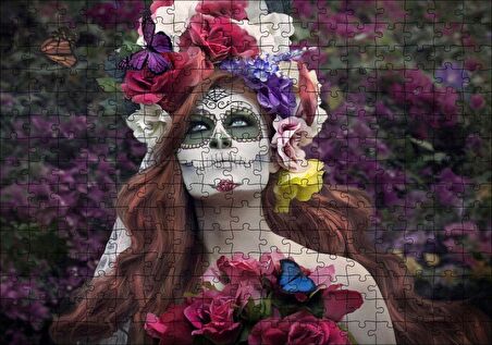 Cakapuzzle Ölülerin Günü Kadın Çiçekler ve Kelebekler Puzzle Yapboz MDF Ahşap