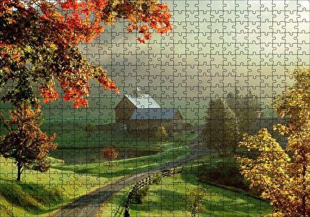 Cakapuzzle Sonbaharda Hala Yeşil Çayırlar ve Uzaktaki Ev Puzzle Yapboz MDF Ahşap