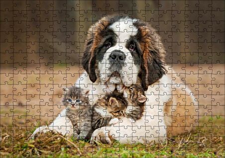 Cakapuzzle Çayırda Sen Bernard ve Kucağında Yavru Kediler Puzzle Yapboz MDF Ahşap