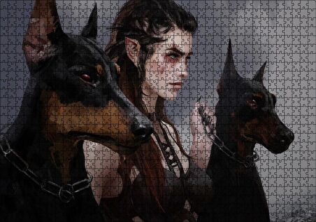 Cakapuzzle Elf Kızı ve İki Doberman Köpeği Puzzle Yapboz MDF Ahşap