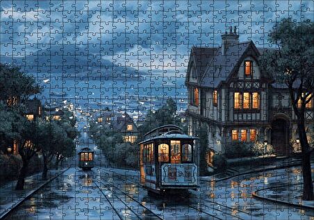Cakapuzzle Yağmurlu Sokaklar Tramvaylar ve Gece Işıkları Puzzle Yapboz MDF Ahşap