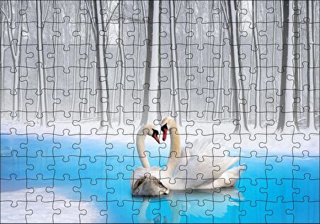 Cakapuzzle Karlı ve Buzlu Göldeki Romantik Kuğu Çifti Puzzle Yapboz MDF Ahşap