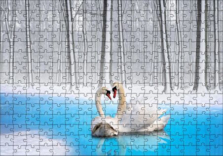 Cakapuzzle Karlı ve Buzlu Göldeki Romantik Kuğu Çifti Puzzle Yapboz MDF Ahşap