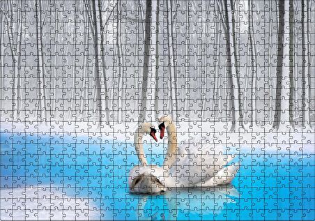 Cakapuzzle Karlı ve Buzlu Göldeki Romantik Kuğu Çifti Puzzle Yapboz MDF Ahşap