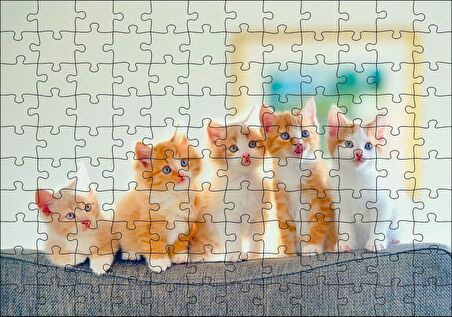 Cakapuzzle Koltukta Yanyana Sarı Beyaz Renkli 5 Kedi Puzzle Yapboz MDF Ahşap