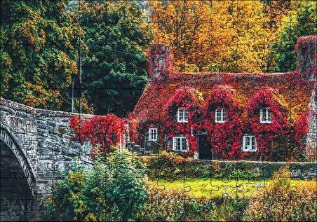 Cakapuzzle Nehir Köprüsü ve Sonbahar Renkleriyle Kaplı Ev Puzzle Yapboz MDF Ahşap