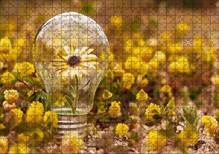 Cakapuzzle Sarı Çiçekler ve Ampul İçerisindeki Yalnız Sarı Çiçek Puzzle Yapboz MDF Ahşap