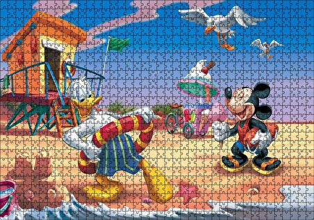 Cakapuzzle Donald Duck Ve Mickey Mouse Yaz Tatili Plaj Puzzle Yapboz MDF Ahşap