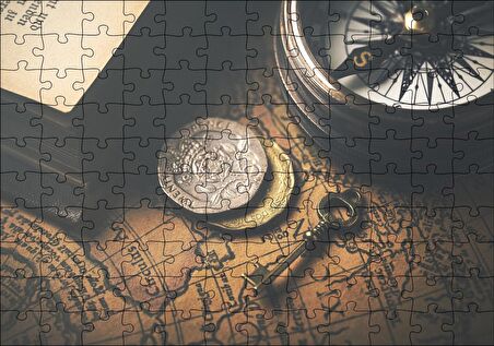 Cakapuzzle Eski Harita Madeni Paralar Pusula ve Anahtar Puzzle Yapboz MDF Ahşap