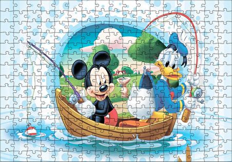 Cakapuzzle Mickey Mouse ve Donald Duck Tekne ile Balık Tutma Puzzle Yapboz MDF Ahşap