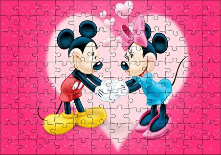 Cakapuzzle Mickey ve Minnie Mouse Aşk Çifti Kırmızı Kalpli Puzzle Yapboz MDF Ahşap