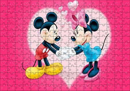 Cakapuzzle Mickey ve Minnie Mouse Aşk Çifti Kırmızı Kalpli Puzzle Yapboz MDF Ahşap
