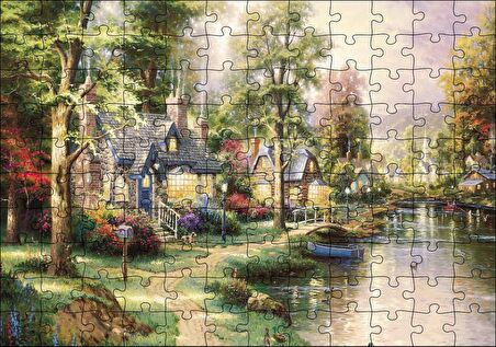 Cakapuzzle Nehir Boyama Manzara Kahverengi ve Mavi Evler Puzzle Yapboz MDF Ahşap