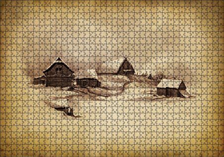 Cakapuzzle Sarı Zeminde Ahşap Çiftlik Evleri Çizim Görseli Puzzle Yapboz MDF Ahşap