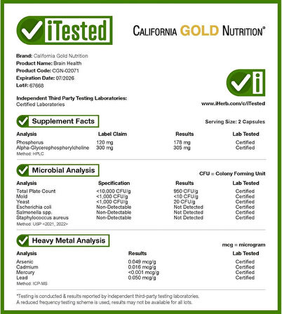 California Gold Nutrition Brain Health Alpha Glycerophosphorylcholine Memory Cognitive Calcium Phosphatidylserine 60 Veggie Caps