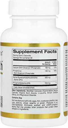 California Gold Nutrition Brain Health Alpha Glycerophosphorylcholine Memory Cognitive Calcium Phosphatidylserine 60 Veggie Caps