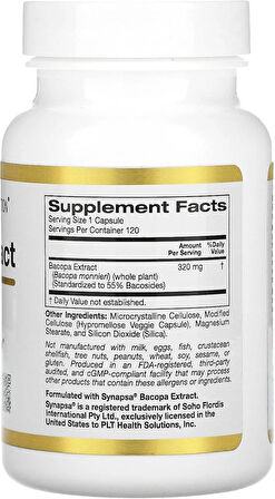 California Gold Nutrition Bacopa Memory Cognitive Extract 320 mg, 120 Veggie Caps