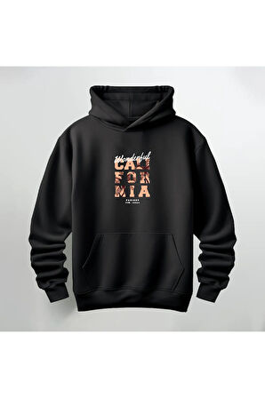 Wonderful California Baskılı Kapüşonlu Sweatshirt Hoodie Kalın Kumaş 3 İplik Şardonlu