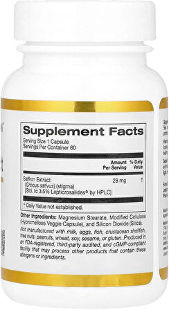 California Gold Nutrition Saffron(Safran) Extract with Affron®, 28 mg, 60 Veggie Capsules