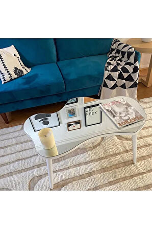 Fawdecor Aynalı Masif Ahşap Orta Sehpa - 120 X 75 Cm Ebatında Modern Cam Tablalı Ahşap Orta Sehpa