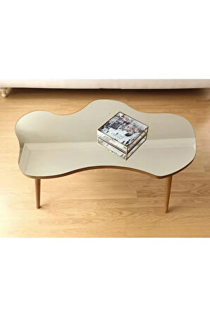 Fawdecor Aynalı Masif Ahşap Orta Sehpa - 120 X 75 Cm Ebatında Modern Cam Tablalı Ahşap Orta Sehpa