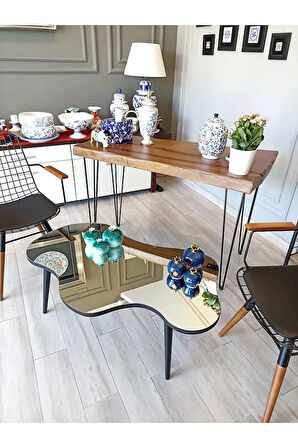 Fawdecor Aynalı Masif Ahşap Orta Sehpa - 120 X 75 Cm Ebatında Modern Cam Tablalı Ahşap Orta Sehpa