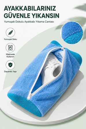 ayakkabı yıkama çantası fileli mikrofiber kumaş birinci sınıf dolgulu mavi renk