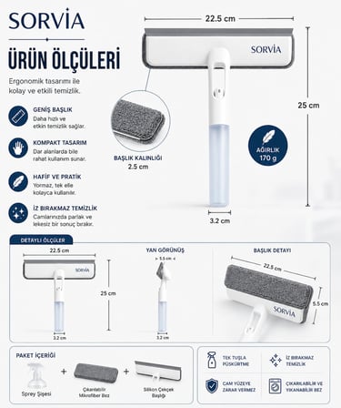Spreyli Cam Silme Aparatı Mikrofiber Cam Sileceği Çekçekli Pencere Ayna Duşakabin Fayans Temizleyici