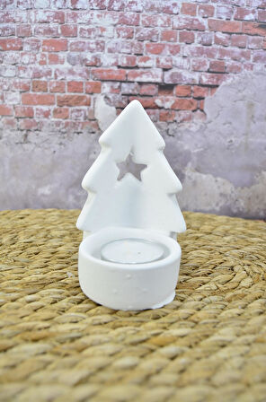 Çam Ağacı Şeklinde Dekoratif Tealight Mumluk Tek Yıldızlı Yıldızlı Taş Tozu Beton Seramik Görünümlü