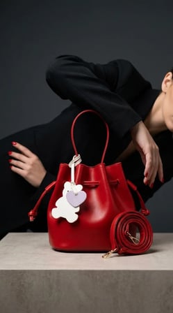 Kırmızı Mini Bucket Çanta – Ayıcık Aksesuarlı, Uzun Askılı